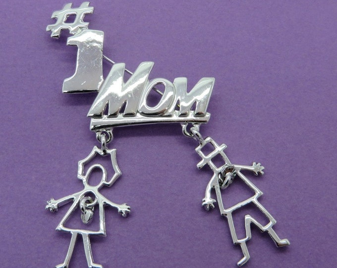 AJC #1 Mom Brooch, Vintage Silver Tone Pin, Dangling Kids Pin