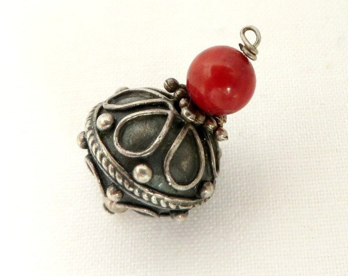 Sterling Silver Scrolled Ornament, Vintage Red Bead Charm