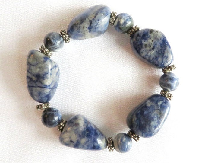 Vintage Marbled Blue Stone Bracelet, Chunky Stretch Bead Bracelet