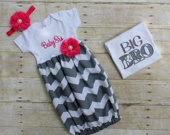 Big Brother Little Sister Set - Grey Chevron - T Shirt - Newborn Gown - Pink - Going Home Outfit - Baby Shower Gift