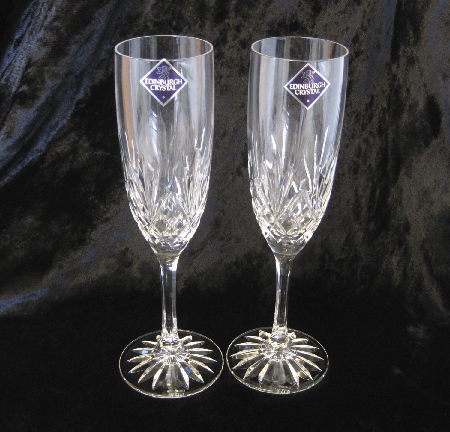 Boxed Set of Two Vintage Edinburgh Crystal Champagne Flutes