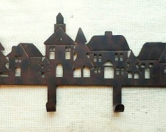 Rustic Wall Hooks- Metal Coat & Hat Rack- Wall Mount Figural Rusty Metal Rack- Dog Leashes- Towels- Lodge- Mud Room- Entry Coat Catcher