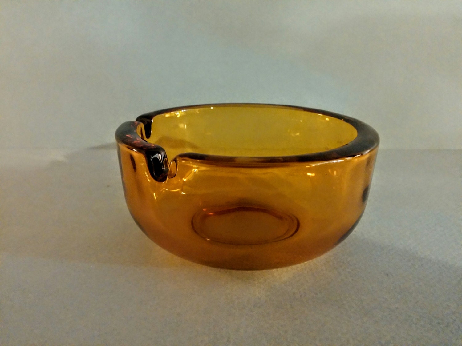 Vintage West Virginia Glass Round Amber Ashtray. Mid Century