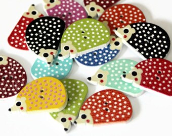 12 Hedgehog Shaped Buttons - Painted Wood Buttons - 16mm x 25mm - Bug Buttons - Garden Buttons - Woodland Animal Buttons - PW127