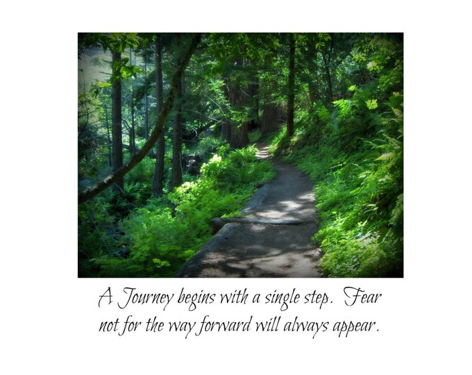 ENCOURAGEMENT Photo Card ships FREE, Green Forest Winding Path, Handmade Blank Inside Stationary, Text on Front, Embossed Card Stock