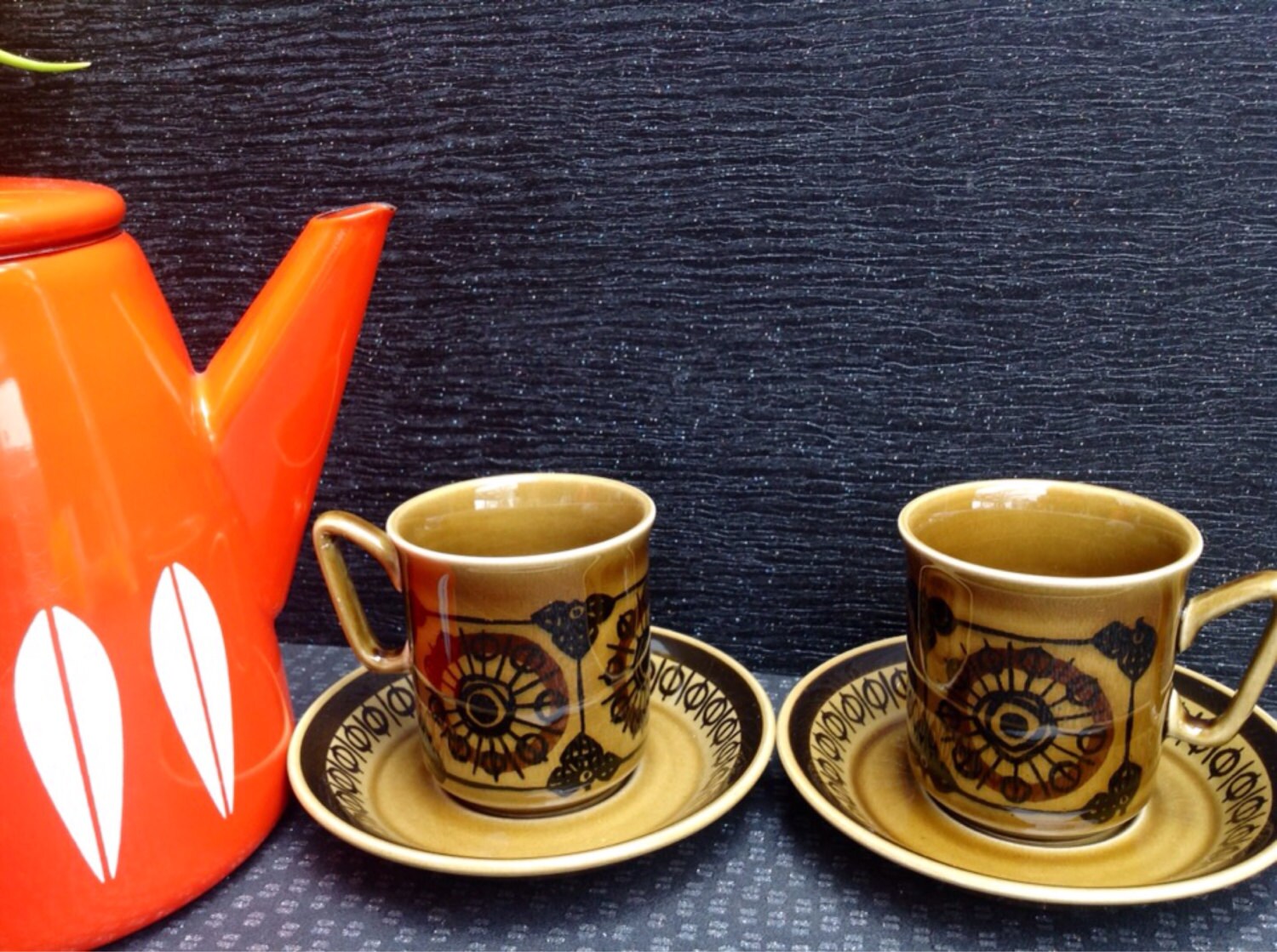 Pair 1960’s Stavangerflint of Norway small coffee cups in olive green