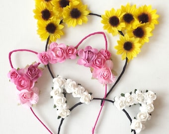 Flower cat ears headband, floral cat ears, cat ears headband, festival, ariana grande, cat ears, ultra, edc, Rave, Rose Cat Ears,