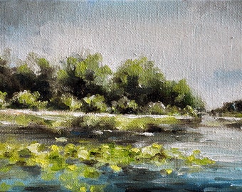 Original Oil Painting, Impressionist Lake Painting Landscape 5x7 Inch
