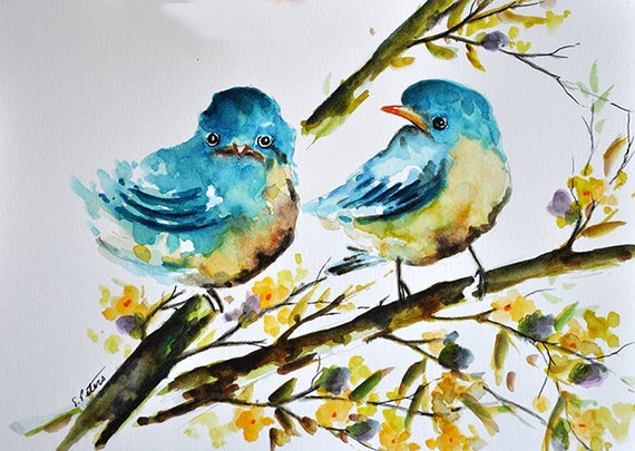 Items similar to ORIGINAL Watercolor Painting, Two Blue Baby Birds With ...
