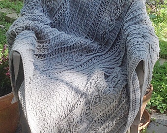 Heather Gray Acrylic Yarn Crochet Cable "Knit" Blanket