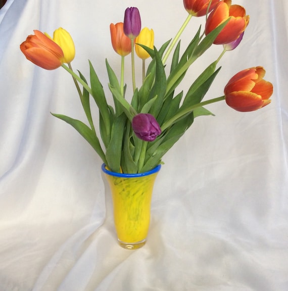 Bright Yellow Hand Blown Glass Trumpet Vase. by MoltenColor