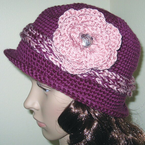 Crochet Cloche Purple Beanie Brim Hat Cap Fedora Bucket