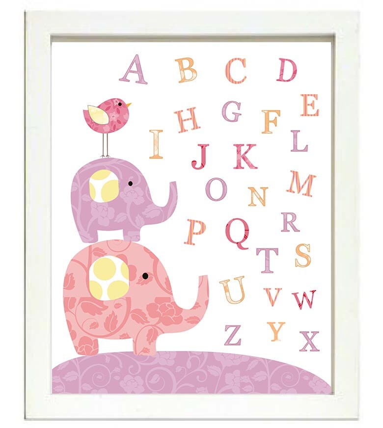 Bird Elephant Nursery Art Alphabet ABC Nursery Print Baby Art Animal Birds Chick Pink Purple Pattern