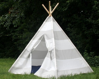 Gray and White Extra Wide Striped Teepee, Play Tent, Playhouse, Teepee, Kids Tent, Teepees, Kids Teepee Tent, Childrens Teepee, Custom Order