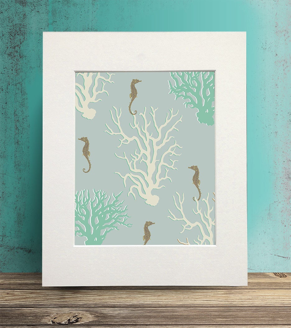 Coral and Seahorse in Seafoam Nautical print sea picture