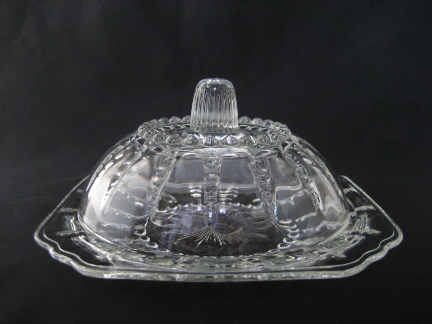 Vintage Round Clear Glass Butter Dish Domed Lid Covered