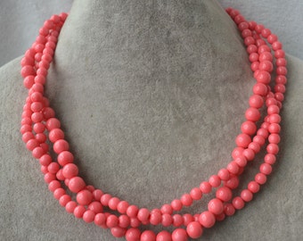 pink coral bead necklace, 3 strands coral pearl necklace, statement necklace, twist necklace, coral necklace, pink coral necklaces,wedding