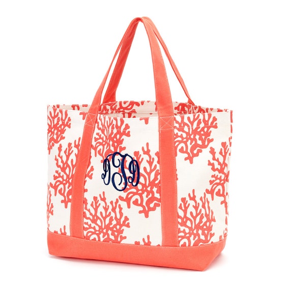 Monogrammed Coral Canvas Tote Bag Beach Bag by FanciGirls on Etsy