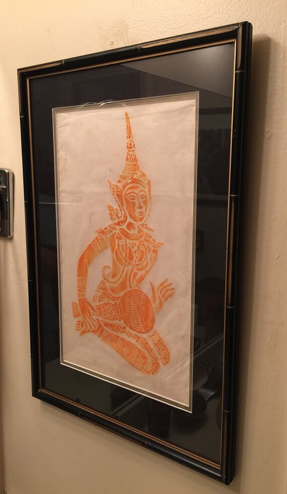 Framed Vintage Original Thai Temple Rubbing On Rice Paper