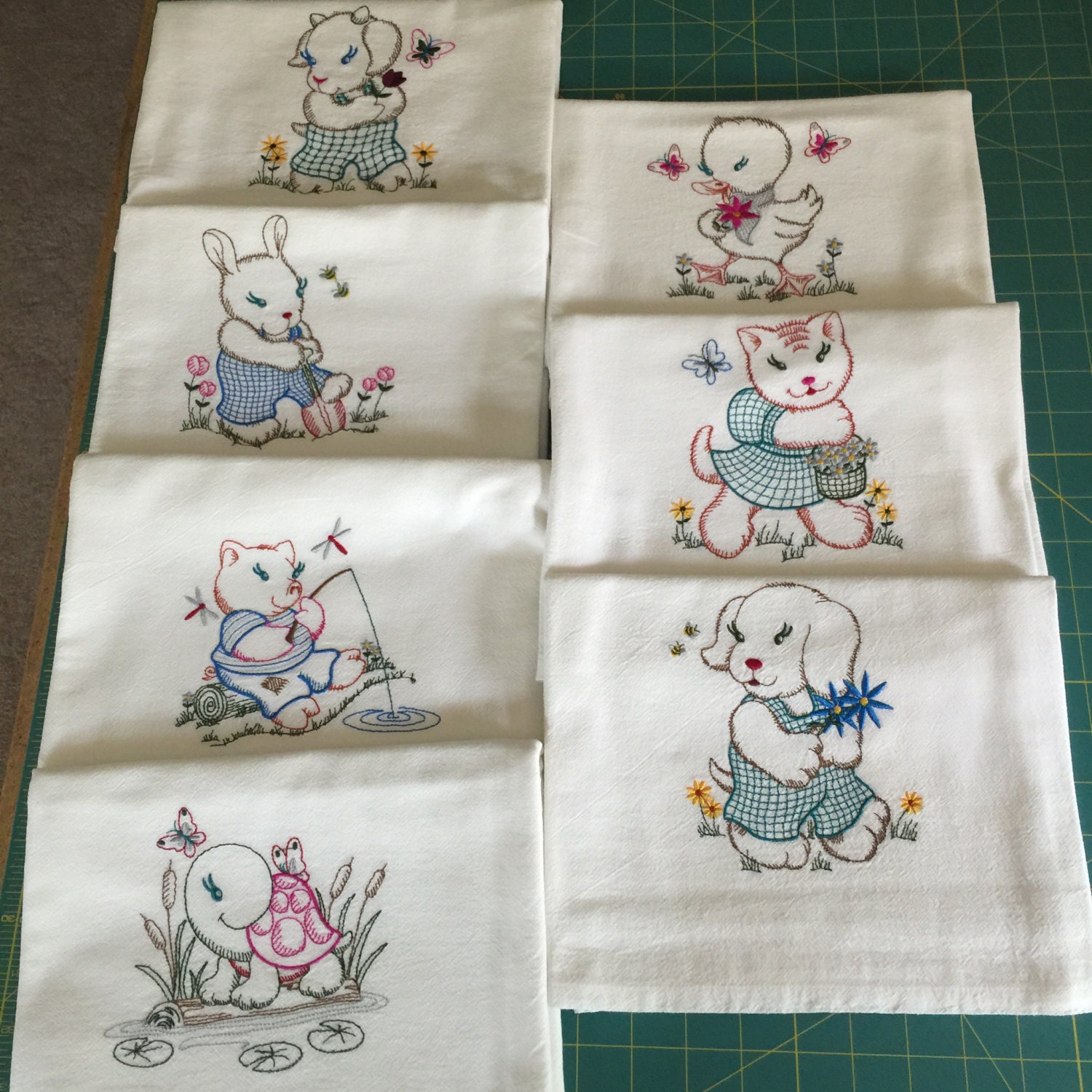 Machine Embroidered Flour Sack Dish Towel Set 7 Towels Machine Embroidery Designs For Kitchen Towels
