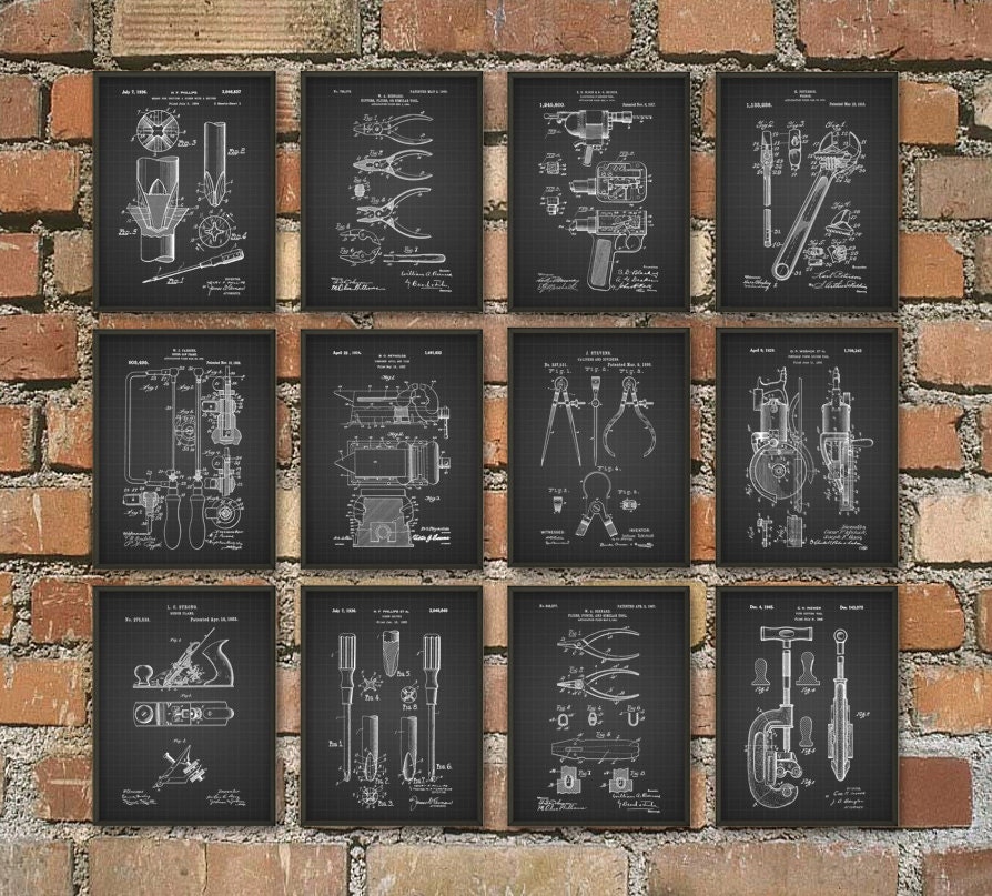 Tools Patent Print Set of 12 DIY Tool Posters Mancave Garage