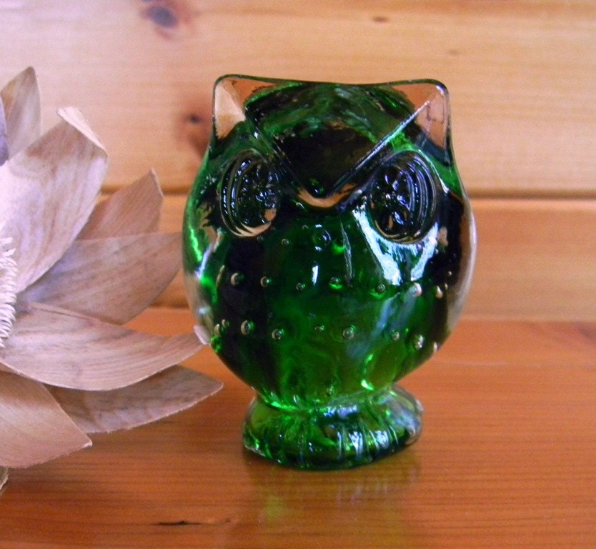 Vintage Lefton Green Glass Owl Controlled Bubble Glass Owl