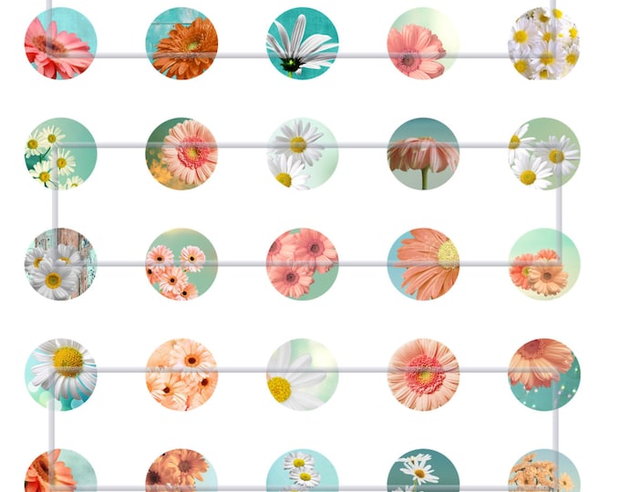 Cute 1" circle flowers "MODERN DAISY" Digital collage sheet, Printable Digital Download Craft, Bottle Cap, blue, green, white, pink, peach