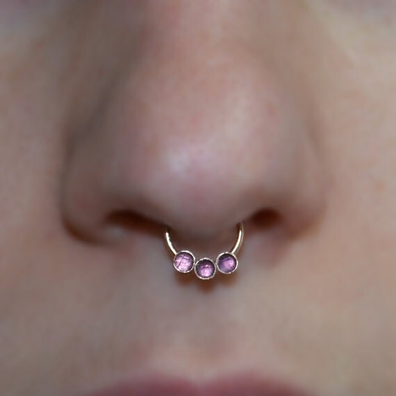Septum Ring - Gold Nose Ring 2mm Amethyst - Helix Ring - Tragus Piercing - Septum Hoop - Nipple Jewelry - Cartilage Ring 18 gauge