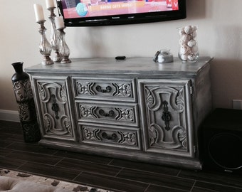 SOLD! Intricate Carving Ornate Sideboard Buffet Dresser Sideboard lots of storage Rustic Distressed Media Console - FINISH SAMPLE
