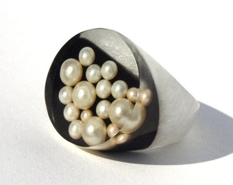 Tuxedo Pearl Resin Ring, Spring Trending Rings, Black & White Rings, Pearl Ring Trends, Statement Unique Modern Jewelry, ResinHeavenUSA