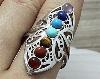 7 Chakra Healing Crystal Quartz Stone Gemstone Butterfly Finger Ring Jewelry (S14J5-02)