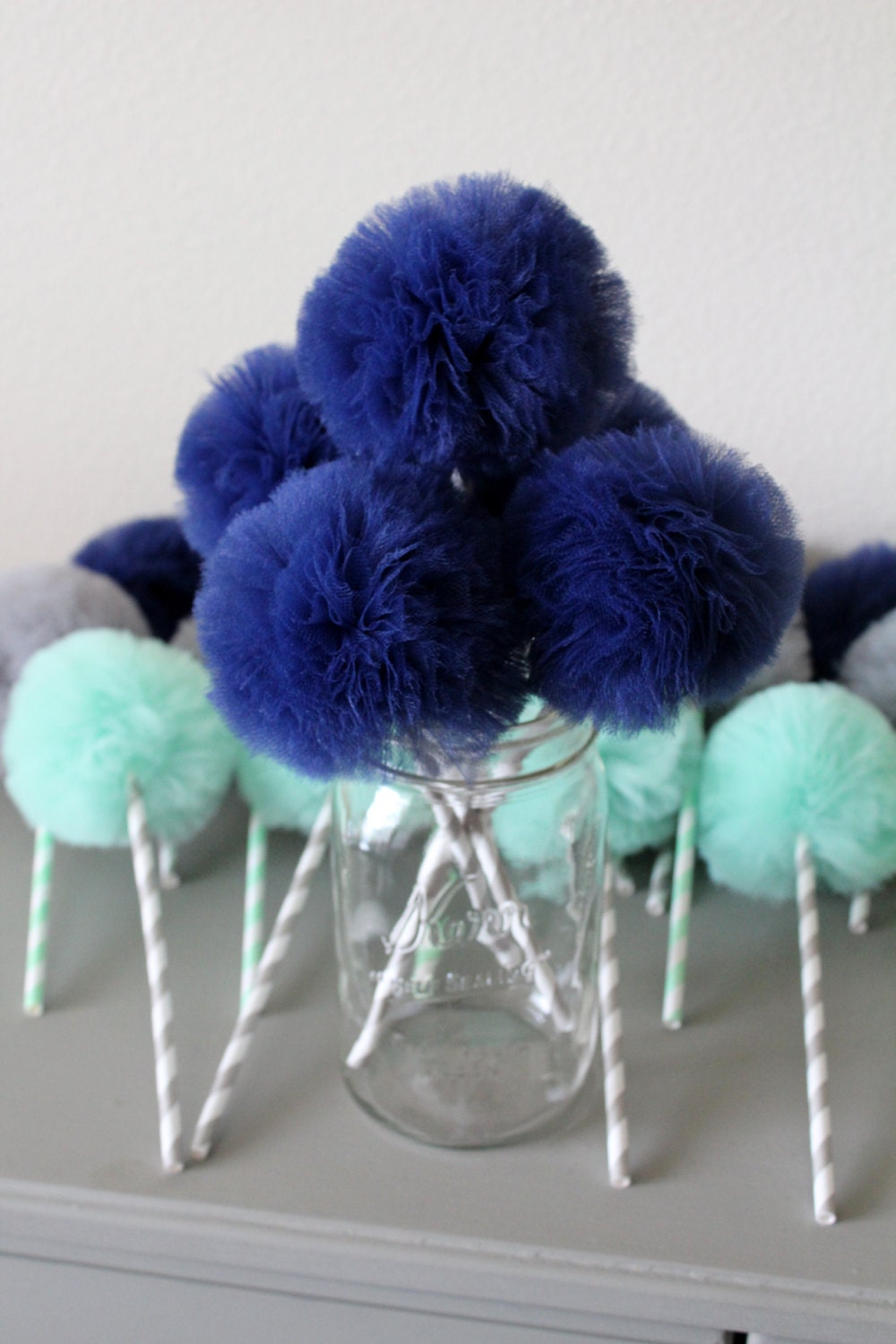 Tulle Poms on Paper Straw Sticks Pom Pom Flowers Pom by UptownAbby