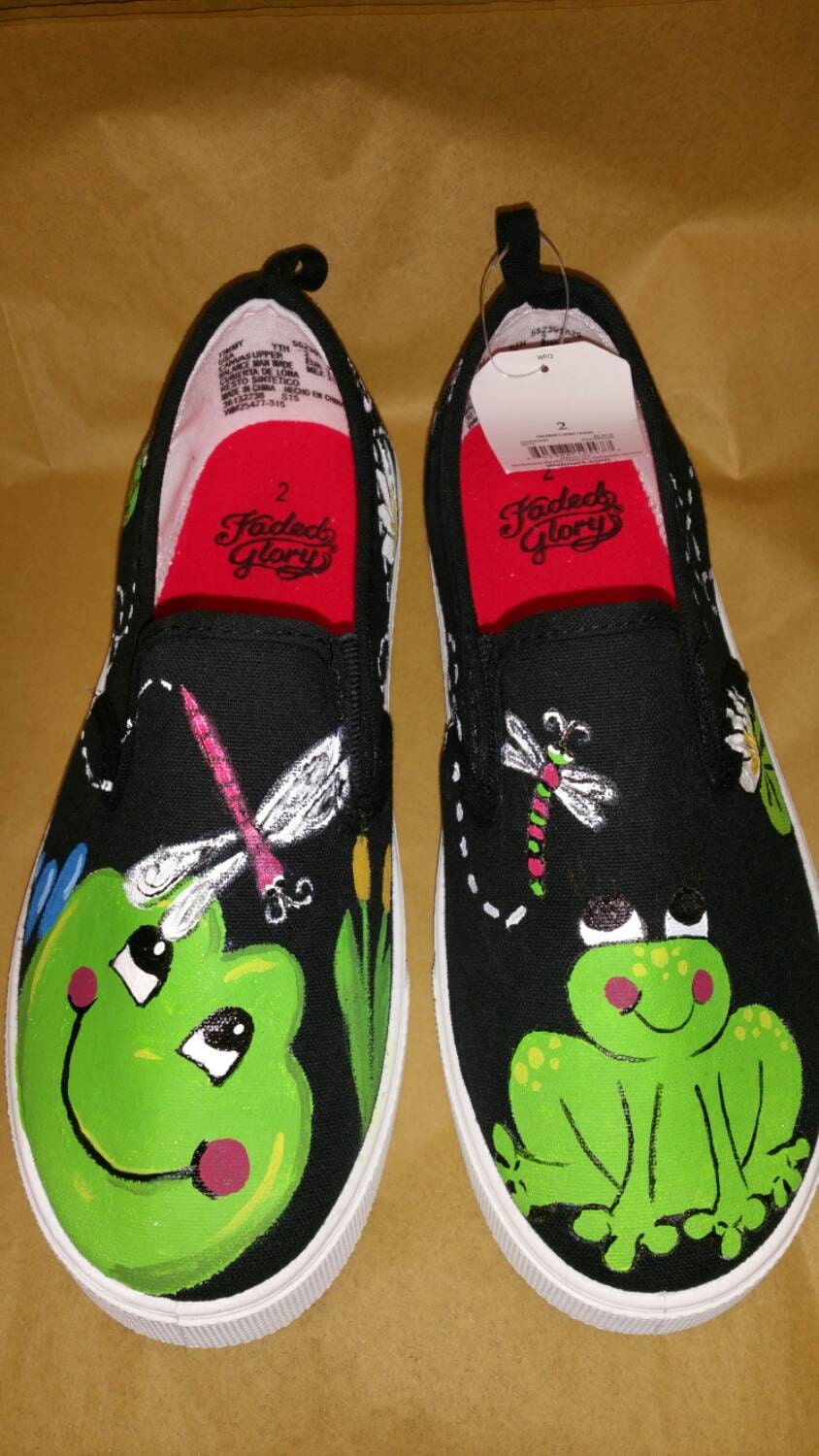 Hand painted frog shoes with dragonflies