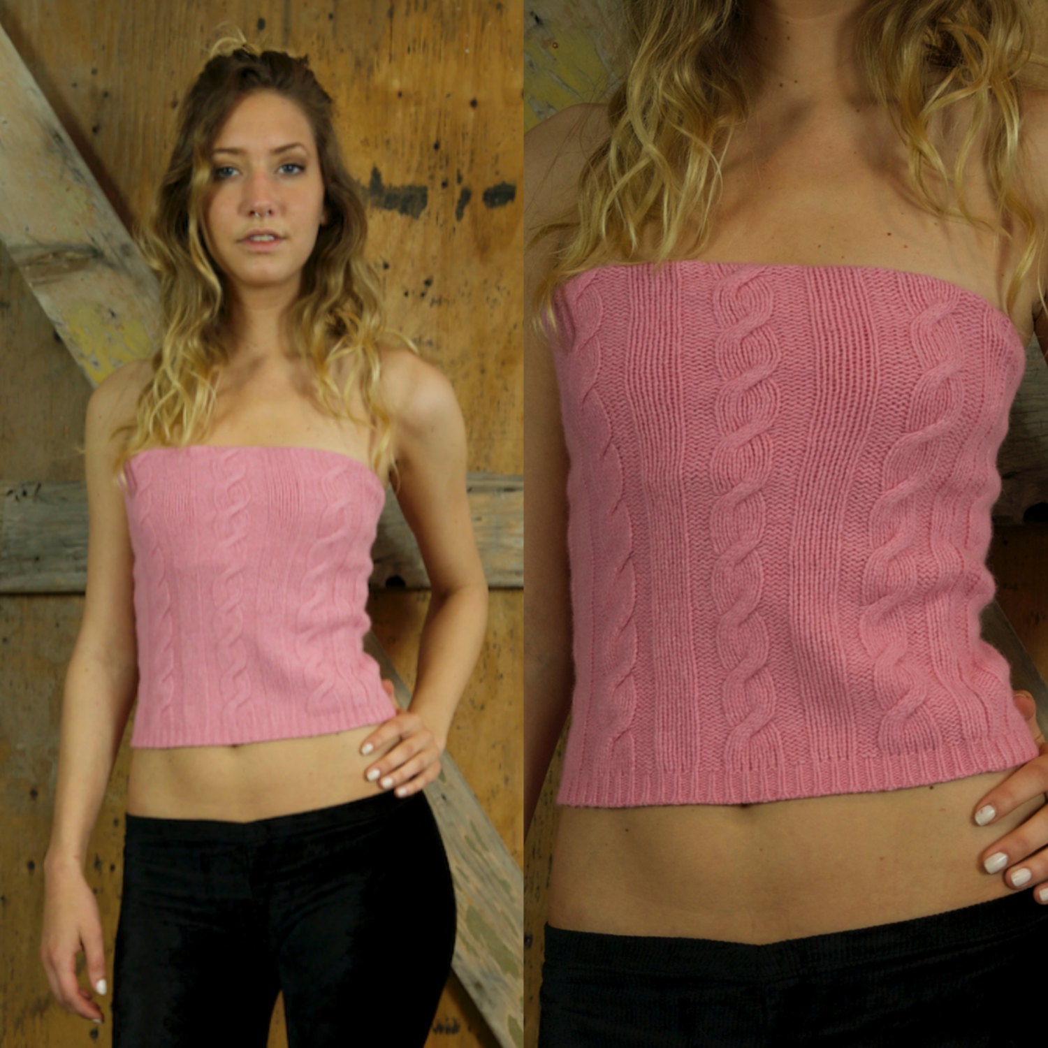 90s PINK TUBE TOP Cable Knit Cashmere and Wool by The Limited