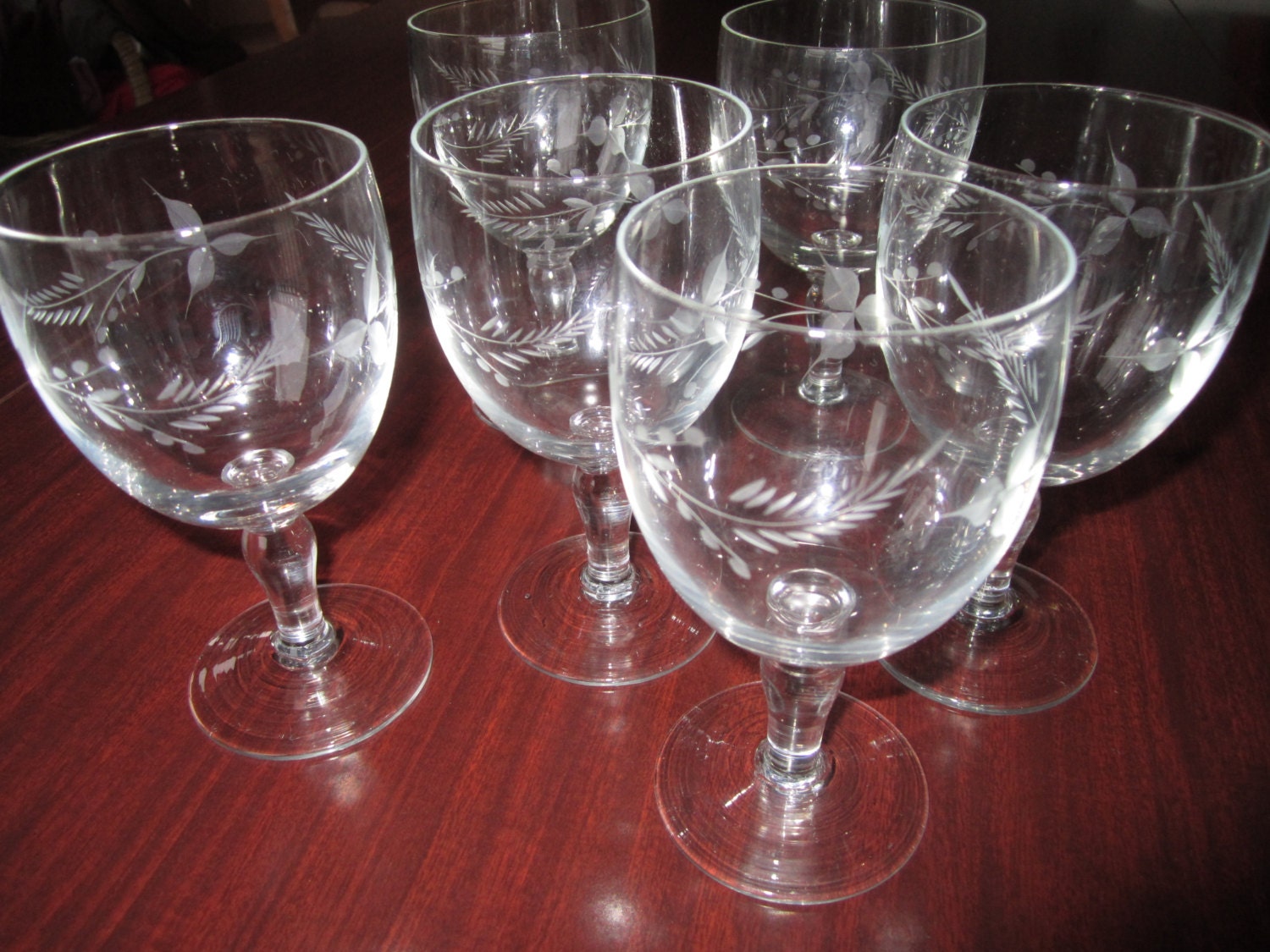 Six 1950s hand etched wine glasses
