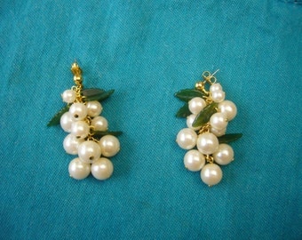 Green Jade, White Faux Pearls, Gold Metal Post Earrings
