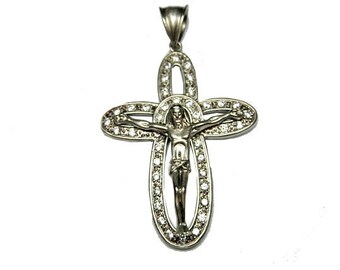 Huge Sterling Crucifix Cross Pendant Cubic Zirconia Vintage