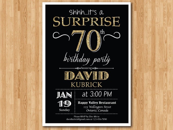 Surprise 70th birthday invitation. Chalkboard. Gold Glitter