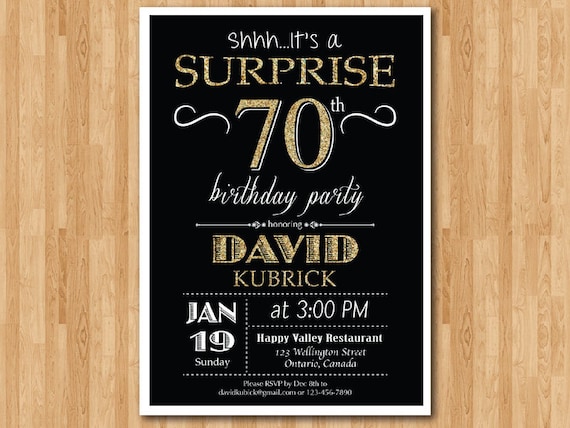 Surprise 70th birthday invitation. Chalkboard. Gold Glitter