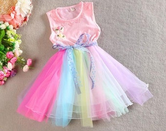 Pink Rainbow Dress Girl - Toddler Dress - Sun Dress - Tulle Dress ...