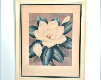 Vintage Shirrell Graves Watercolor Painting Airbrush Magnolia Framed Shabby Cottage Decor Art Collector Floral
