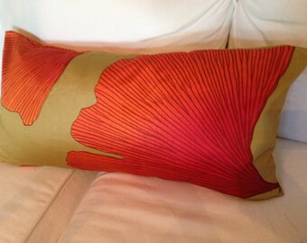 Gorgeous Ginkgo pillow case from Marimekko thick satin, orange golden green, 12x24 inches 30x60cm, Finland