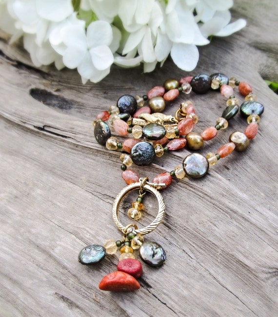 Beaded gemstone necklace Fall colors jewelry Boho by HollyODesigns