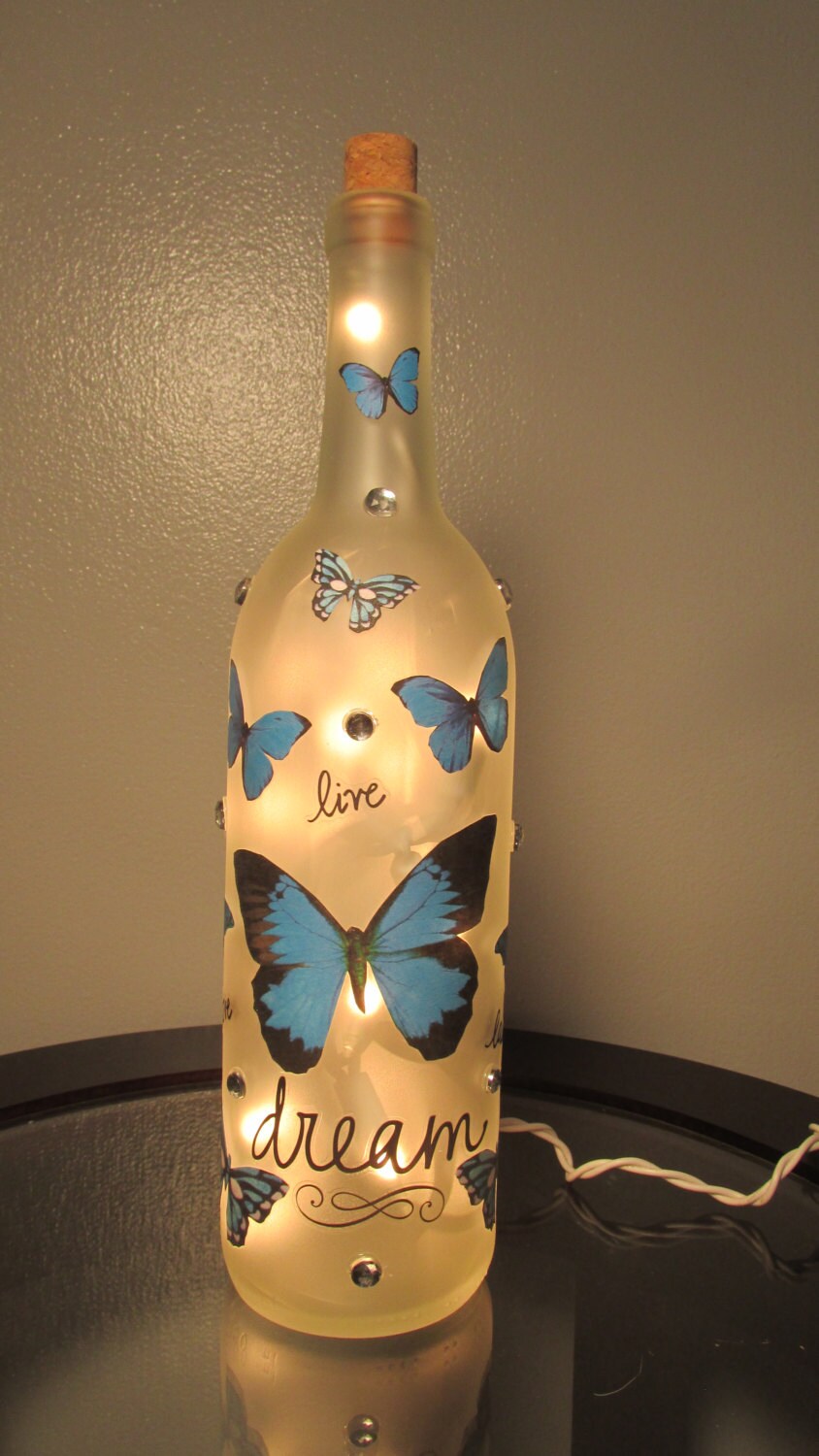 DREAM Blue Butterfly Wine Bottle Night Light by NightLightsbyLori