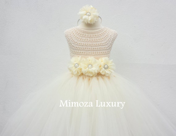 Ivory Flower girl dress, ivory tutu dress, bridesmaid dress, princess dress, ivory crochet top tulle dress, ivory hand knit tutu dress