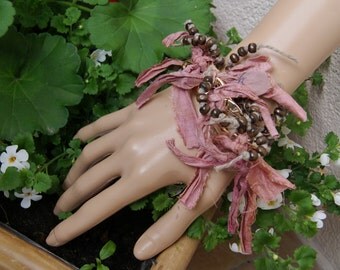 sari silk ribbon bracelet -flax-wooden bead