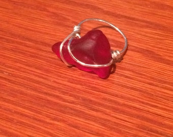 Sizzling Red Seaglass Shard Sterling Silver Ring Size 5.5