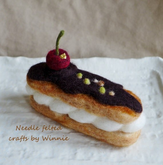 Needle felted dessert Cherry Pistachio Chocolate Eclair
