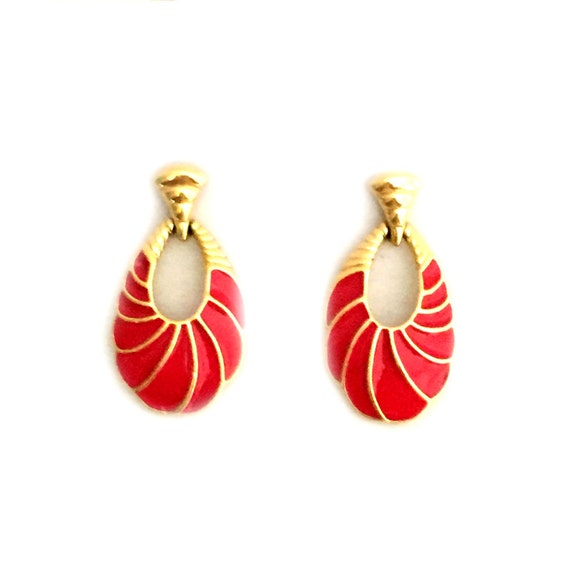 Trifari Red Enamel Earrings Vintage Trifari Pierced Earrings