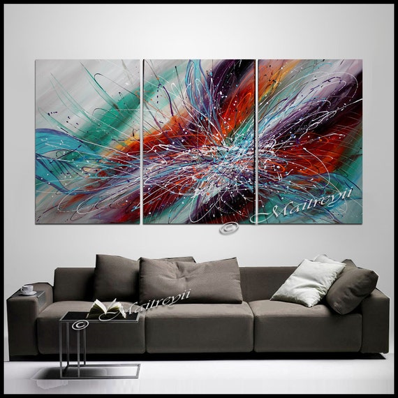 Triptych Large Wall Art ABSTRACT PAINTING Acrylic by largeartwork